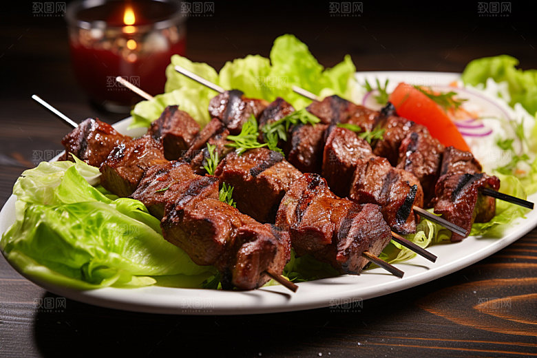 烤肉串热辣美味摄影图