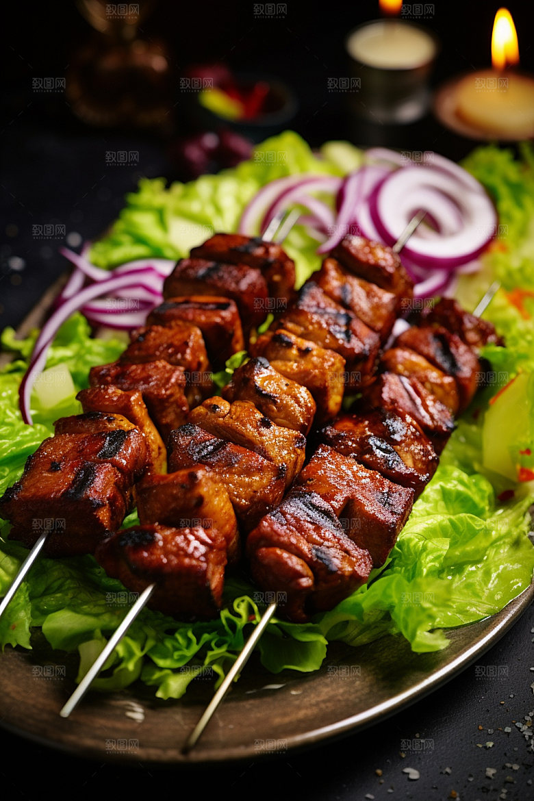 烤肉串热辣美味摄影图