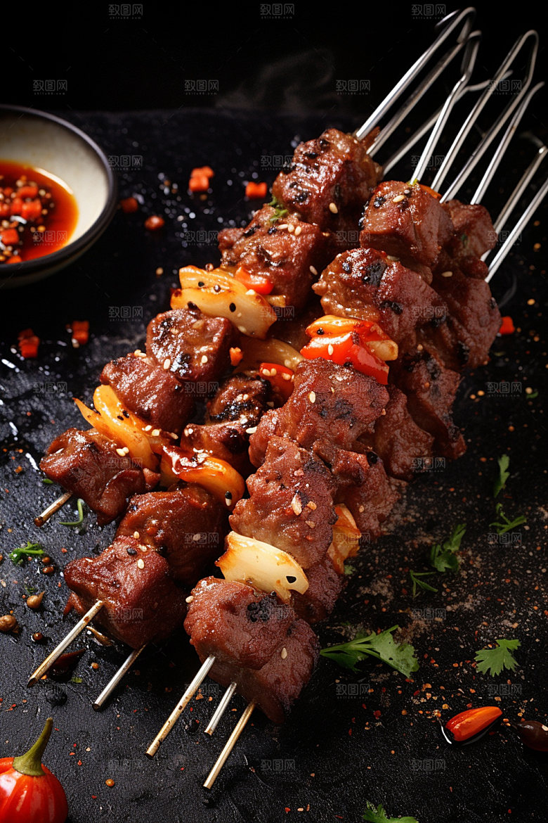 烤肉串热辣美食摄影图