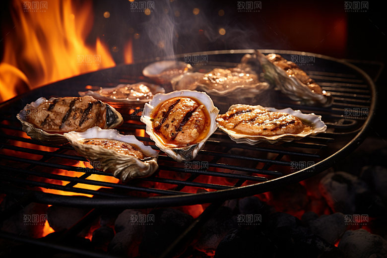 烤生蚝美食牡蛎摄影图