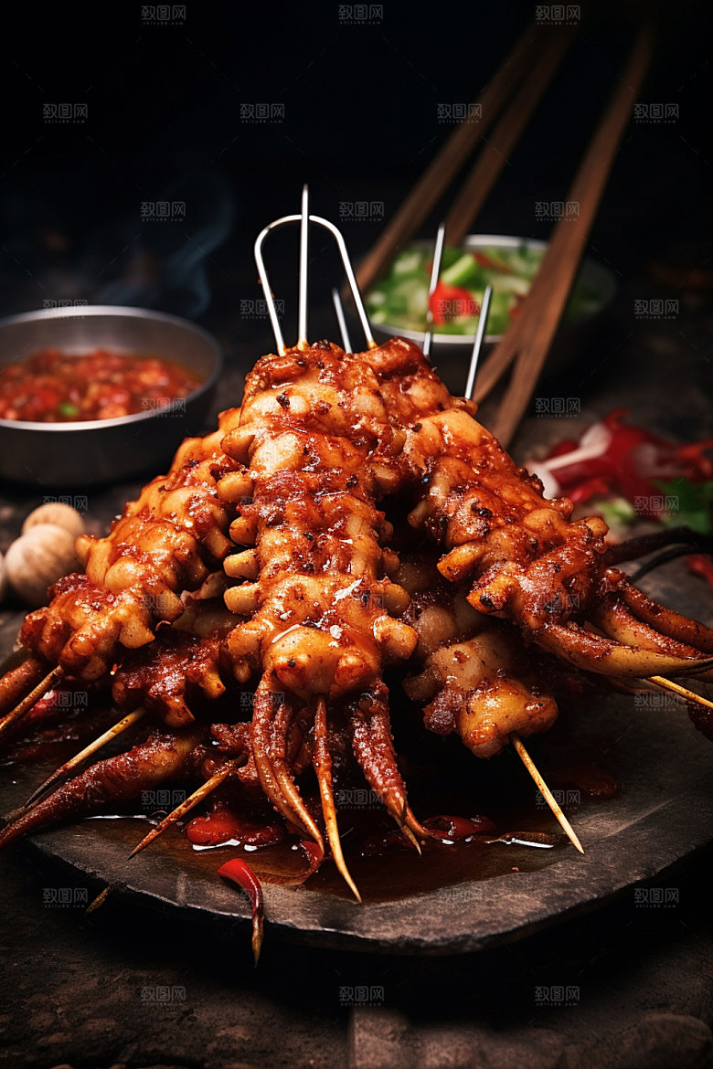 烤鱿鱼美食烧烤摄影图