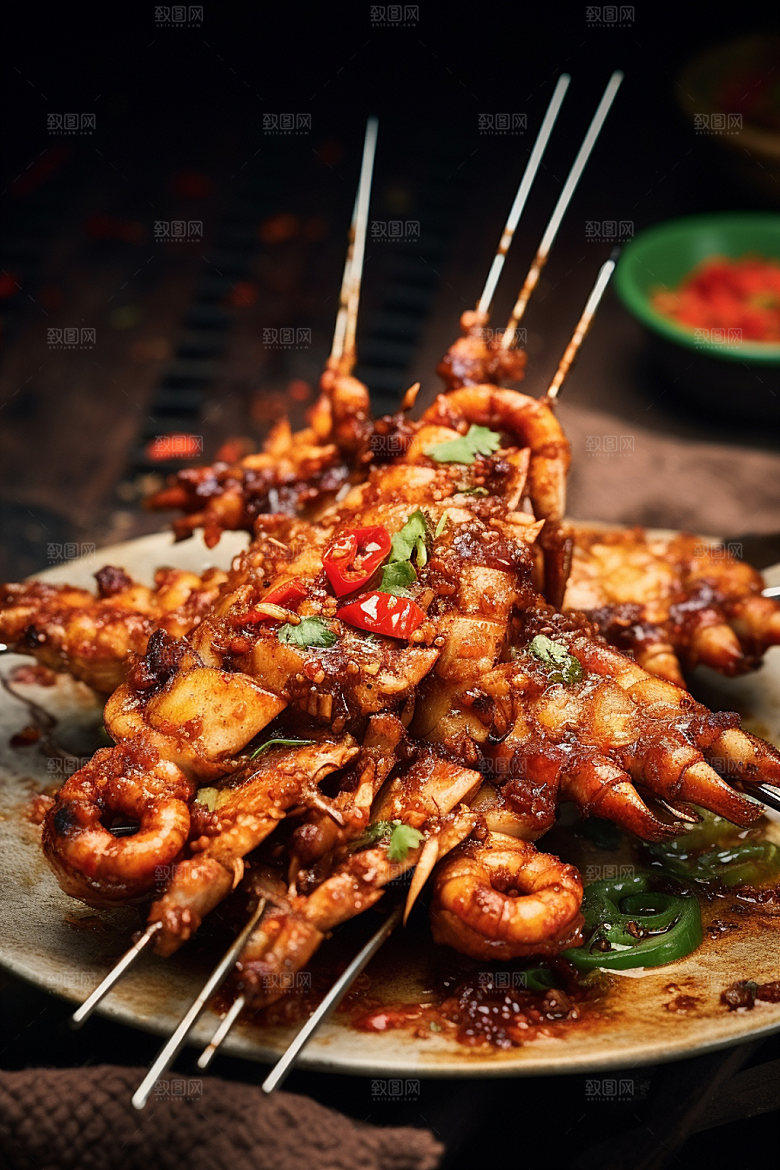 烤鱿鱼海鲜美食摄影图