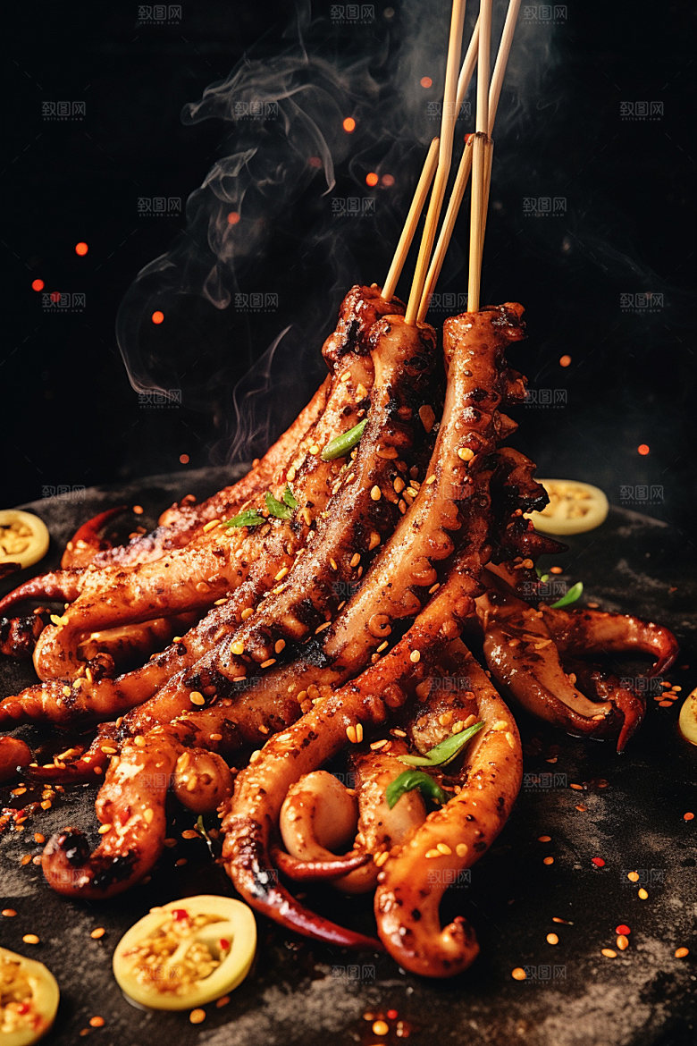 烤鱿鱼美味烧烤摄影图