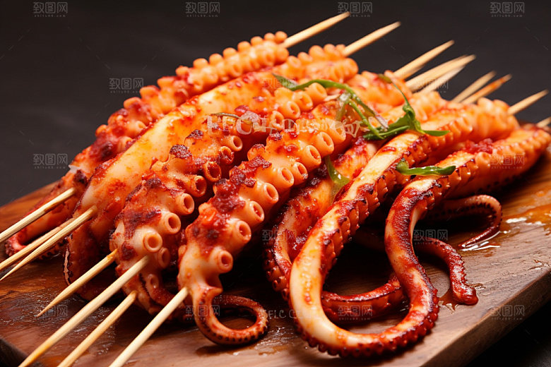 烤鱿鱼海鲜美味摄影图