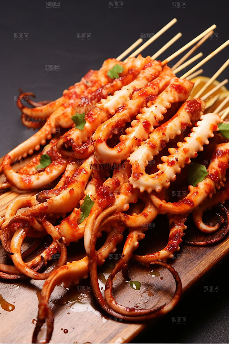烤鱿鱼美味烧烤摄影图