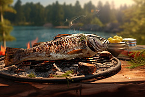 烤鱼烧烤海鲜摄影图