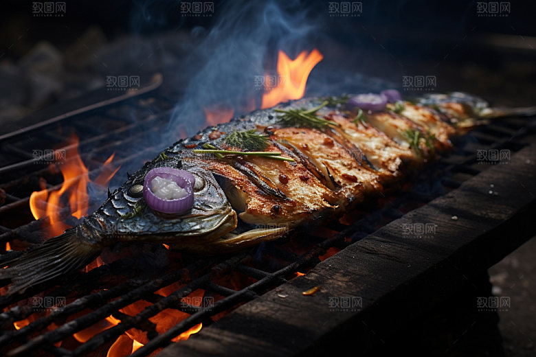 烤鱼烧烤海鲜摄影图