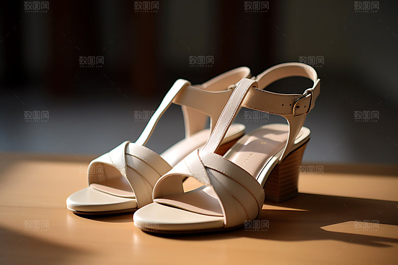 卡其色凉鞋高跟鞋女式皮鞋摄影图