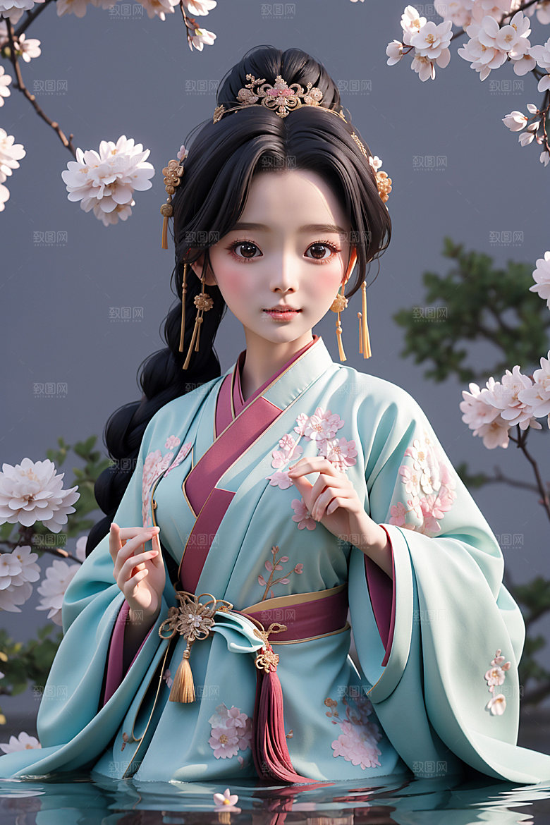 汉服少女中式卡通模型
