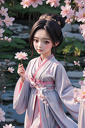 汉服少女中国风立体模型