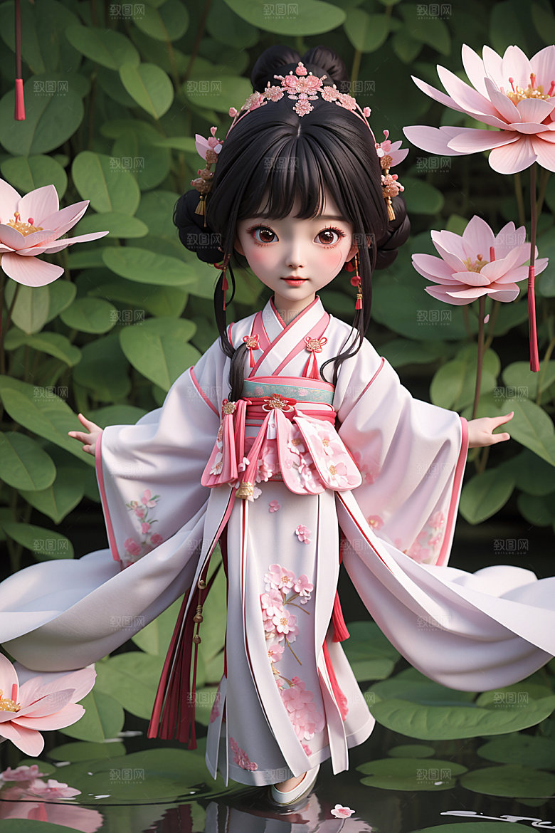 汉服少女中国风卡通模型