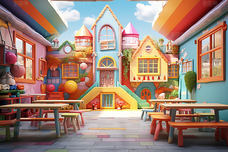 卡通幼儿园彩色3D场景