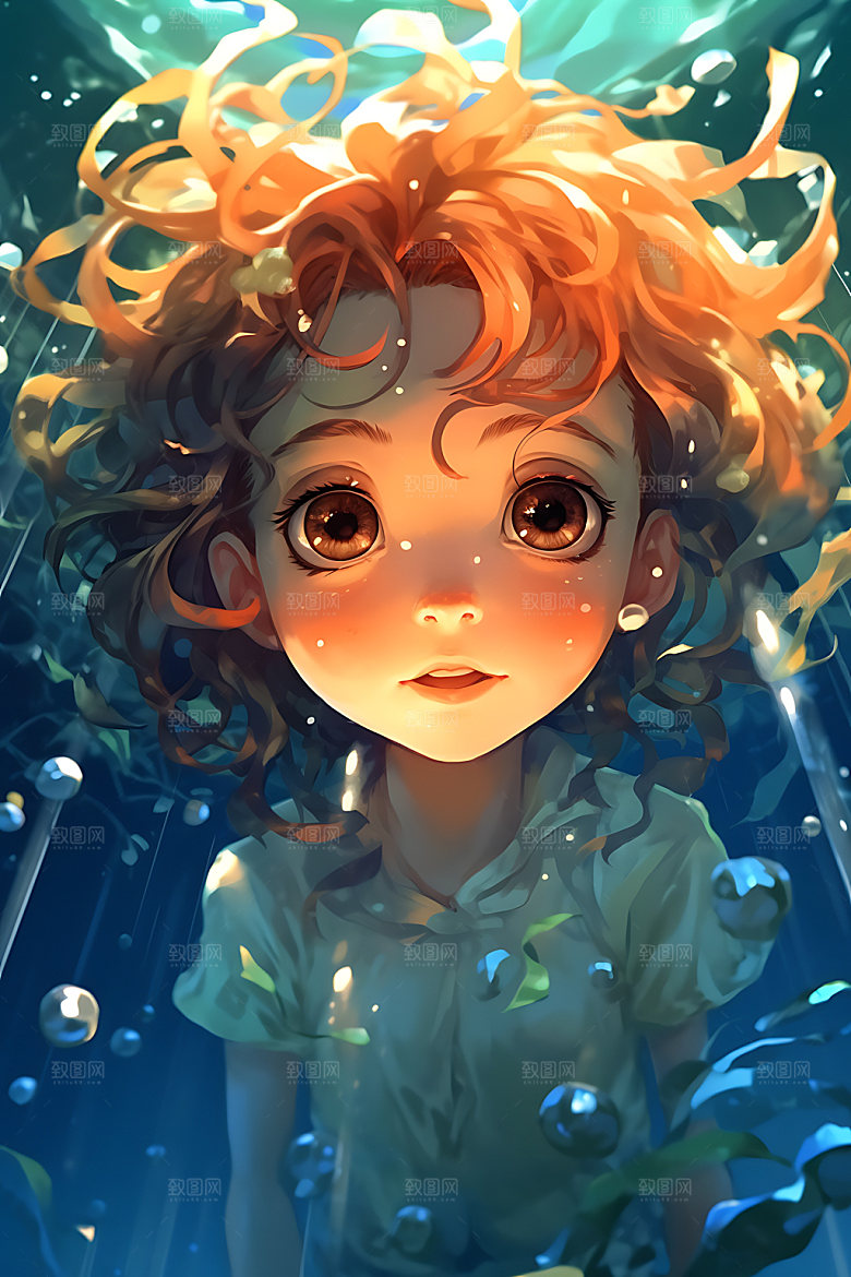 水中人物意境手绘插画
