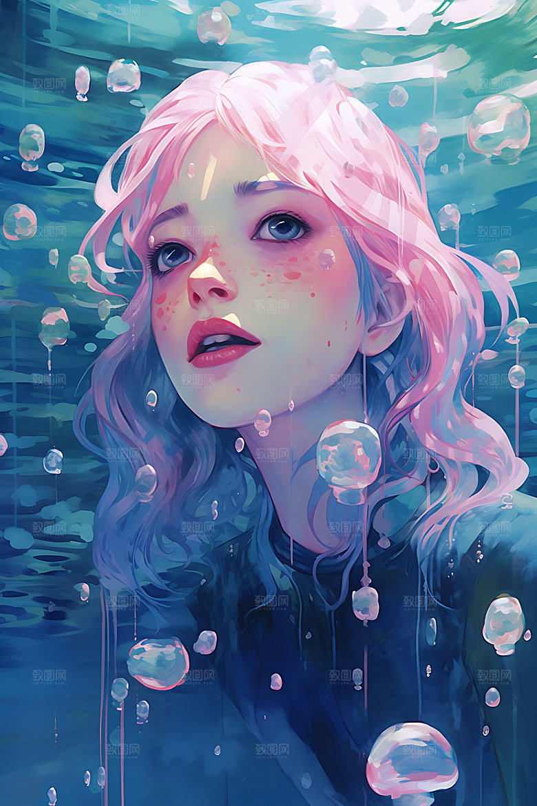 水中人物游泳手绘插画