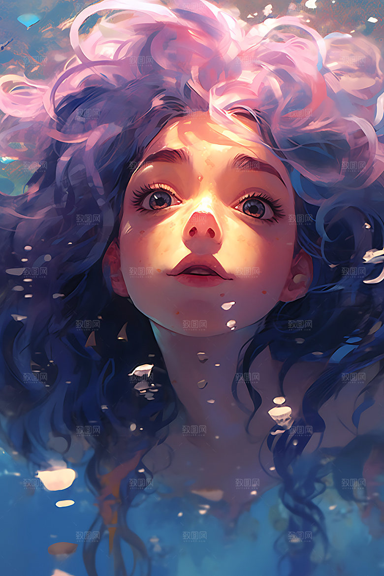 水中人物海底油画风插画