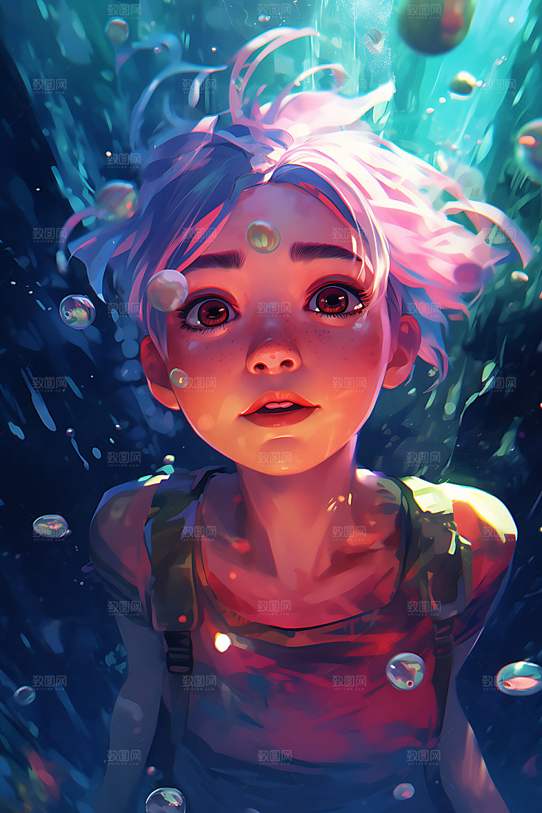 水中人物油画风唯美插画