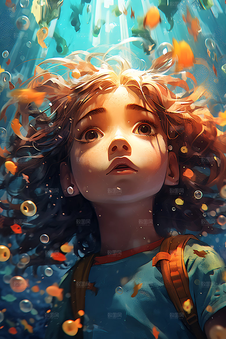 水中人物海底卡通插画