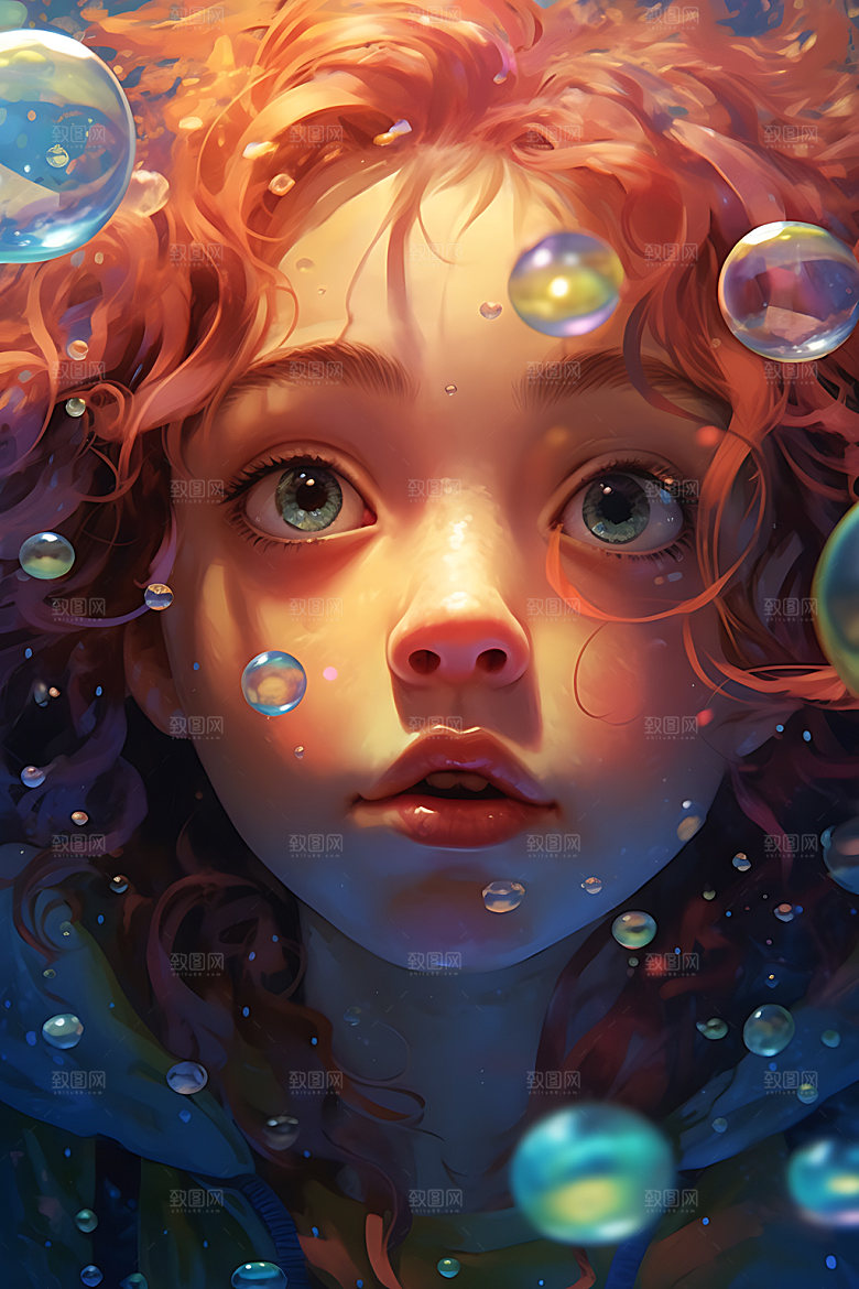 水中人物卡通意境插画