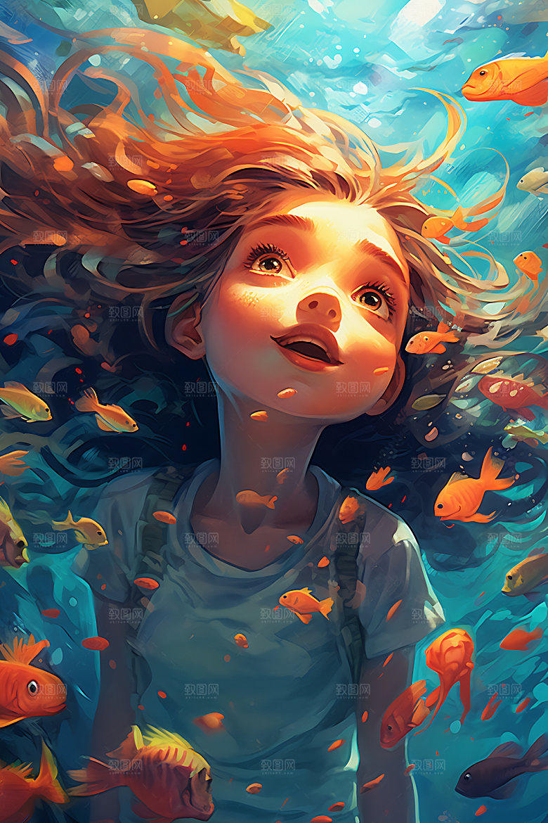 水中人物艺术唯美插画