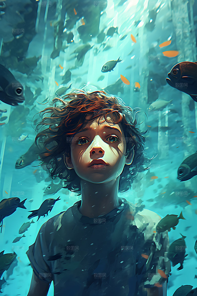 水中人物油画风艺术插画