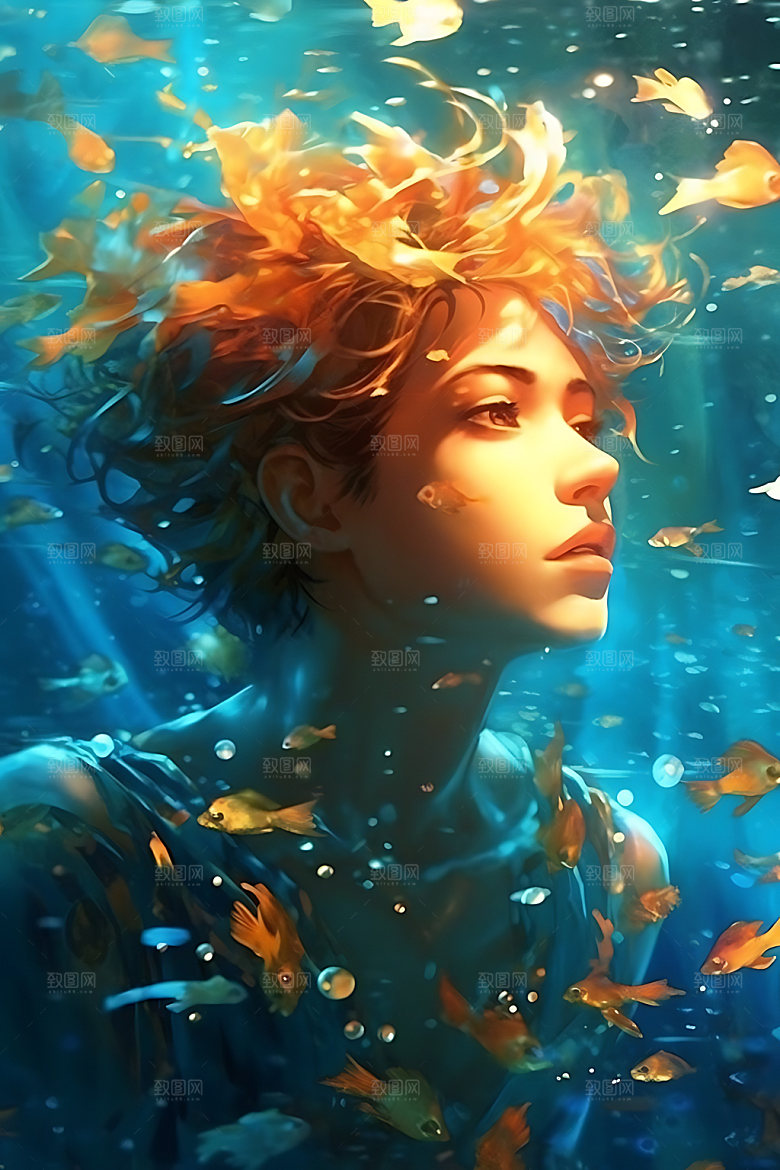 水中人物海底意境插画
