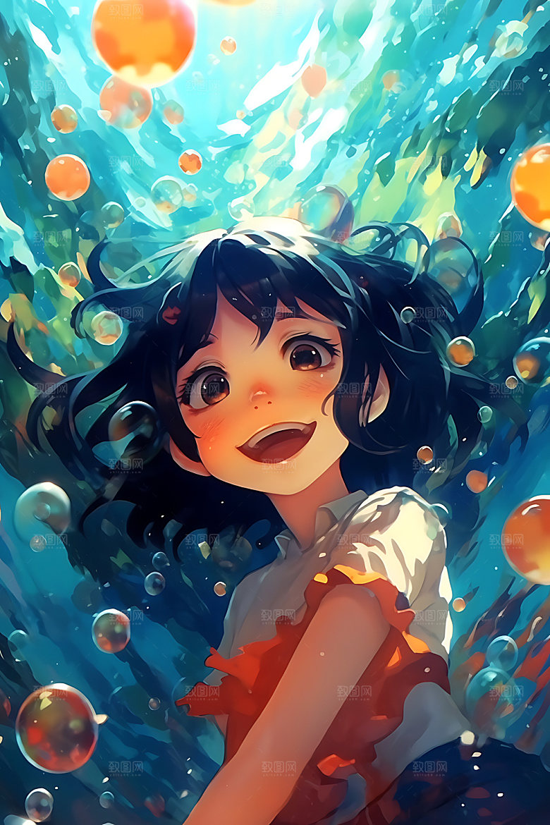 水中人物油画风艺术插画