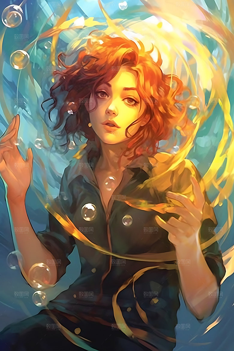 水中人物唯美游泳插画