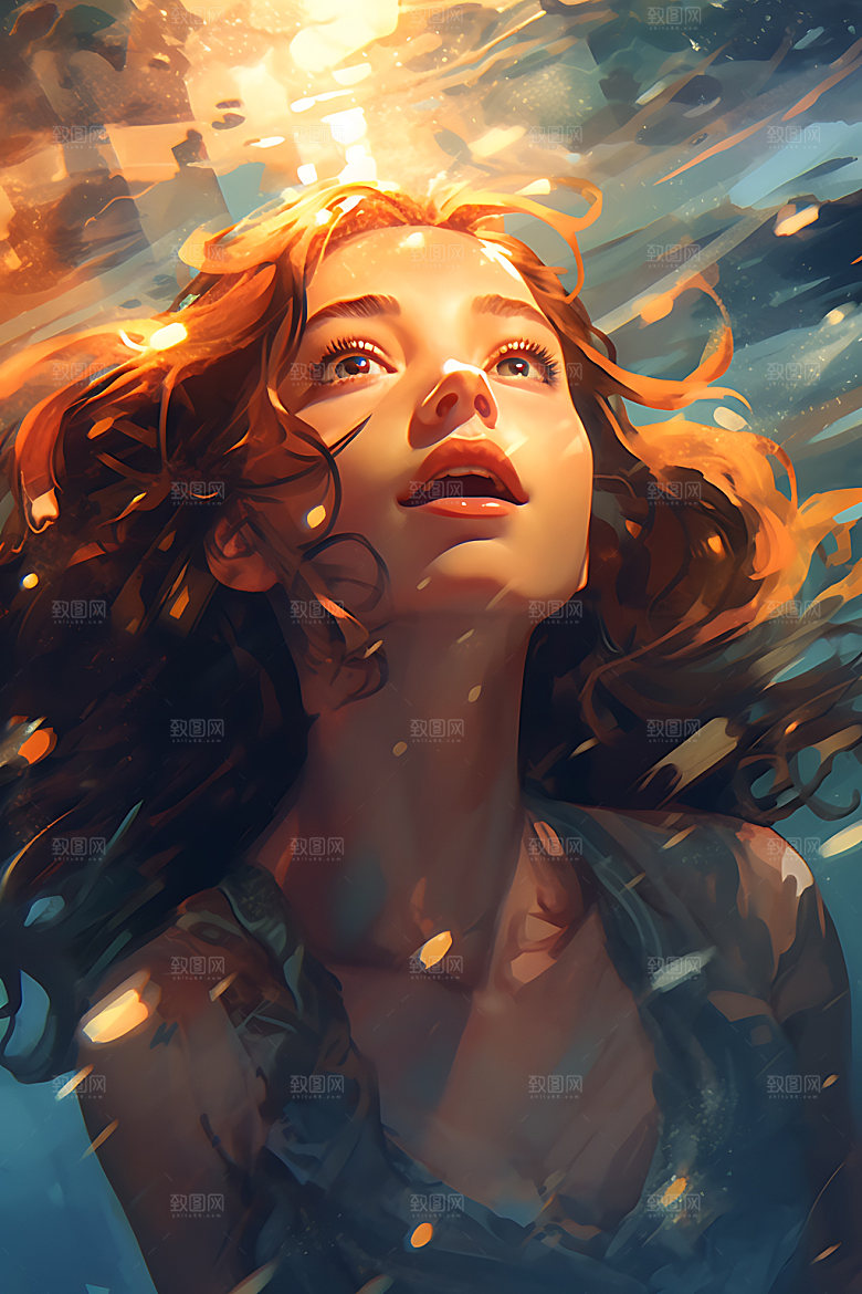 水中人物艺术海底插画