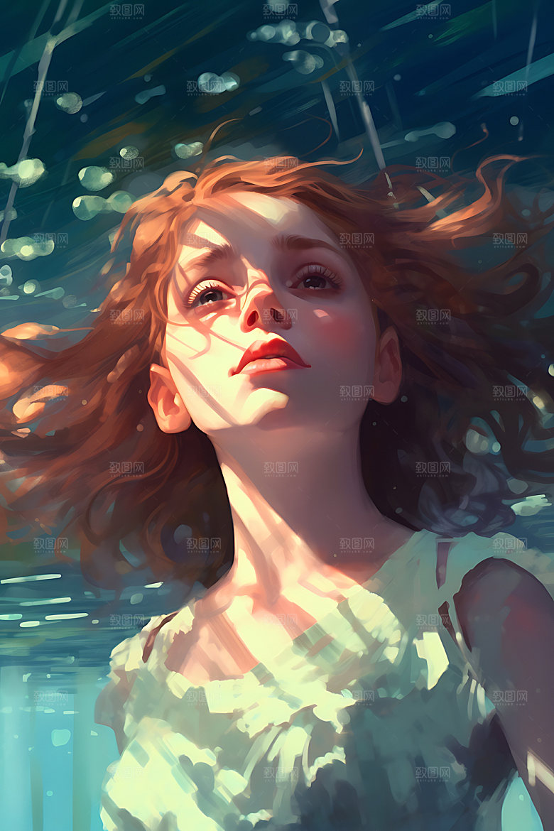 水中人物艺术意境插画