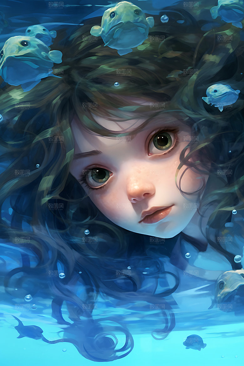 水中人物意境艺术插画