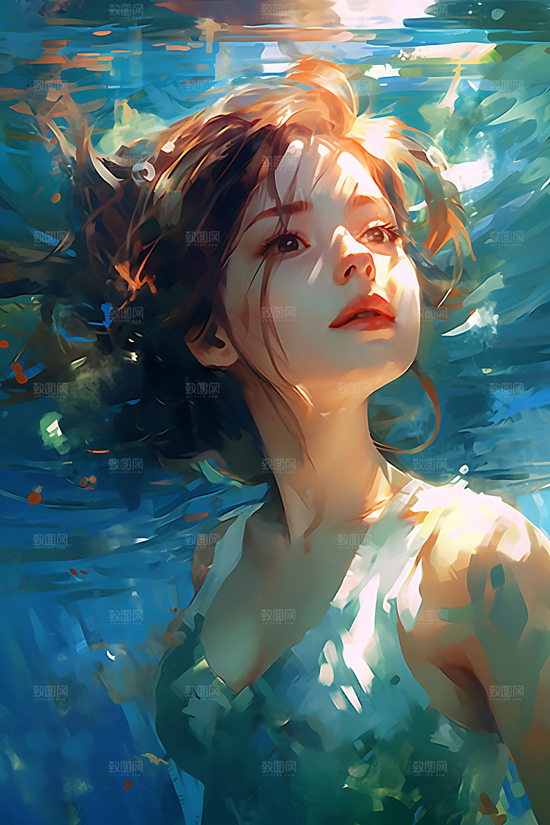 水中人物卡通艺术插画