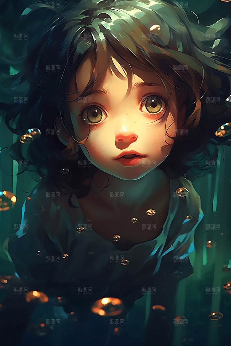 水中人物油画风意境插画