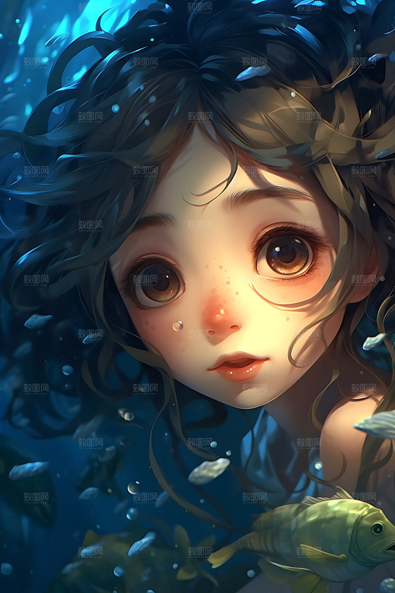 水中人物艺术油画风插画