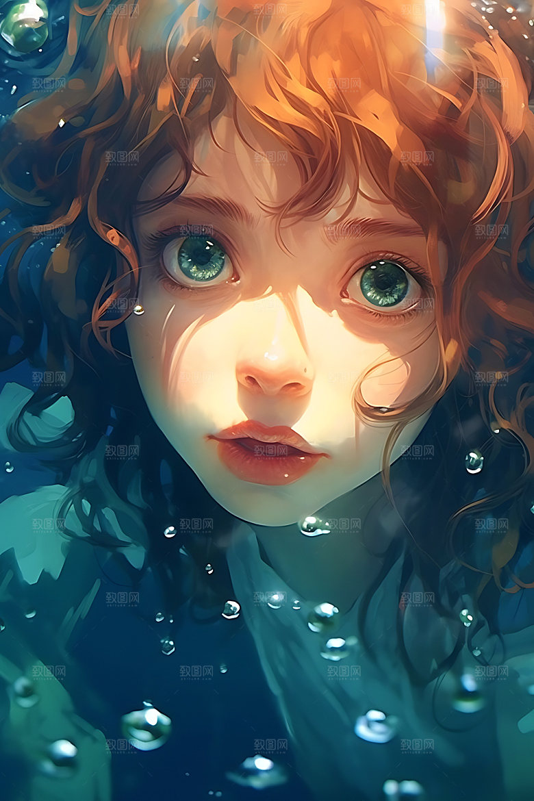 水中人物海底意境插画