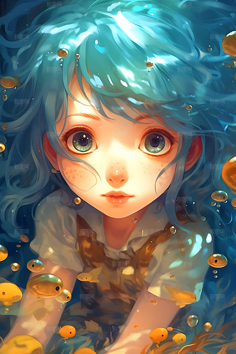 水中人物唯美手绘插画