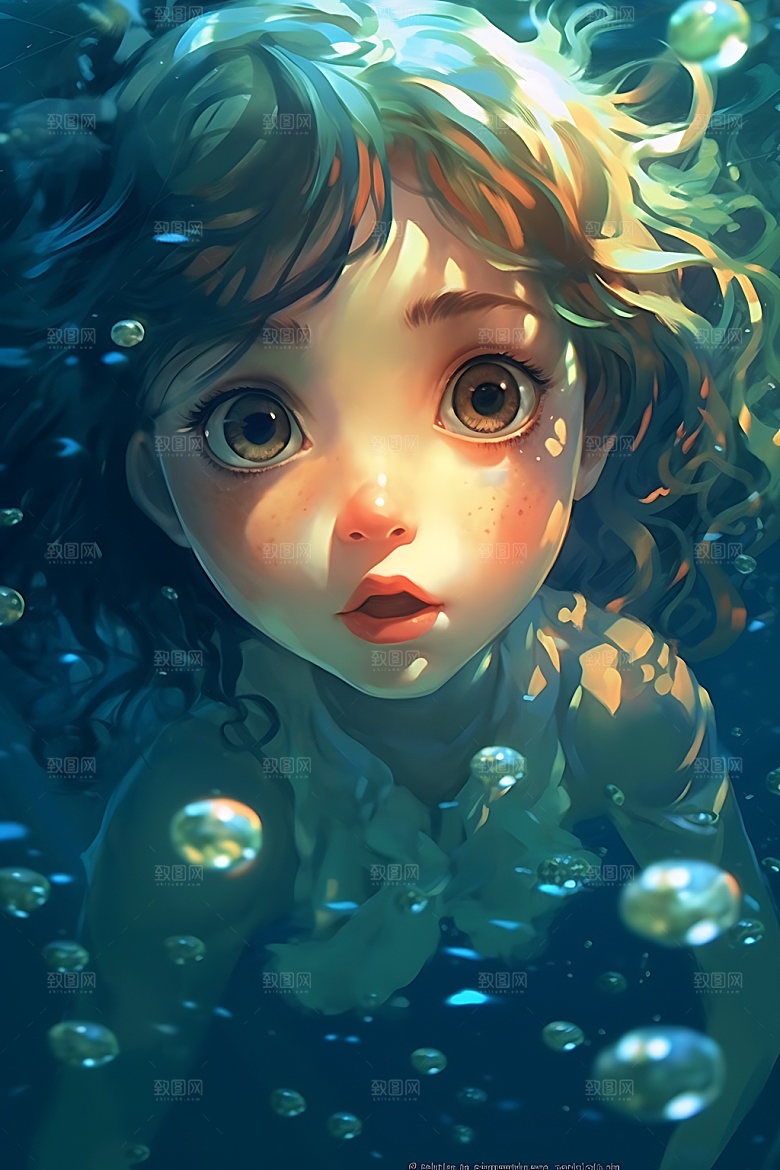 水中人物意境油画风插画