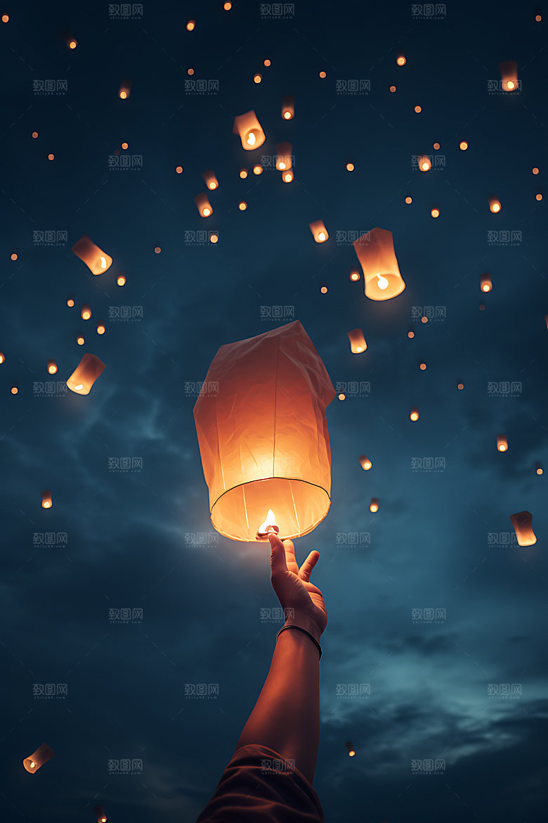 孔明灯祈福祈愿摄影图