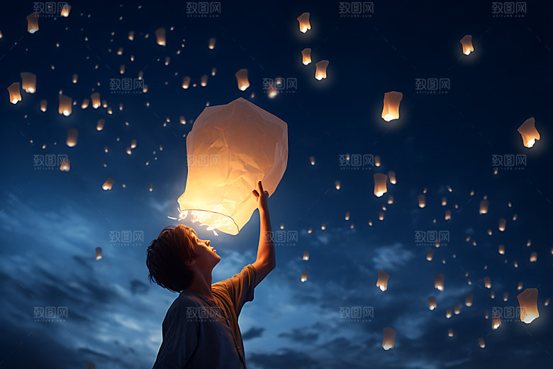 孔明灯祈愿唯美摄影图