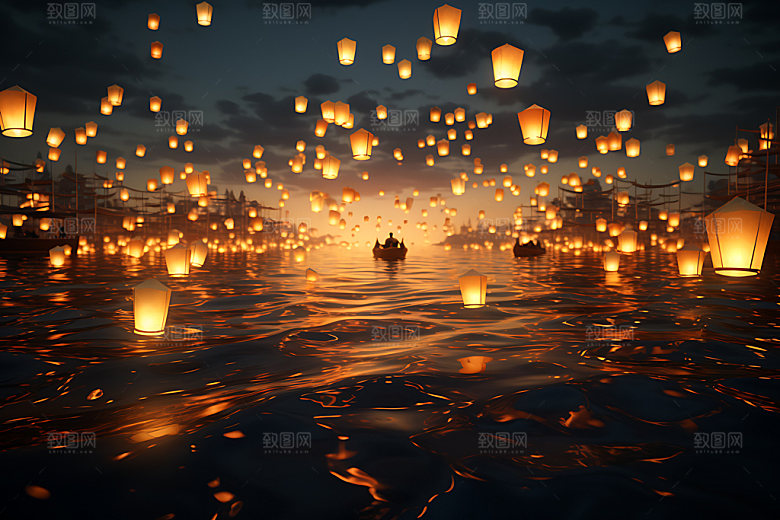 孔明灯中秋节祈福摄影图