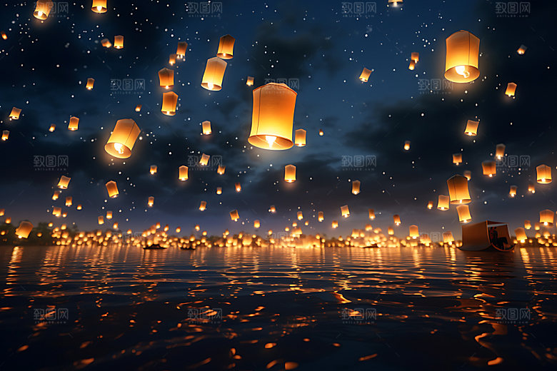 孔明灯元宵节浪漫摄影图