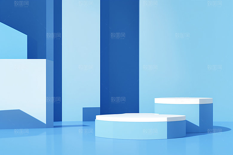 蓝色展台C4D海边电商背景