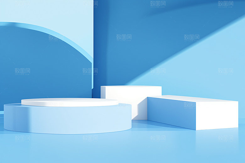 蓝色展台C4D海边电商背景
