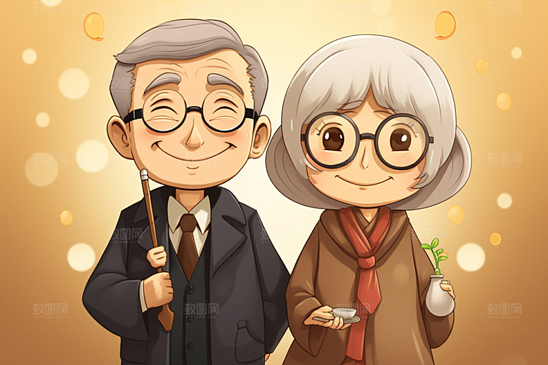 敬老宣传家庭手绘插画