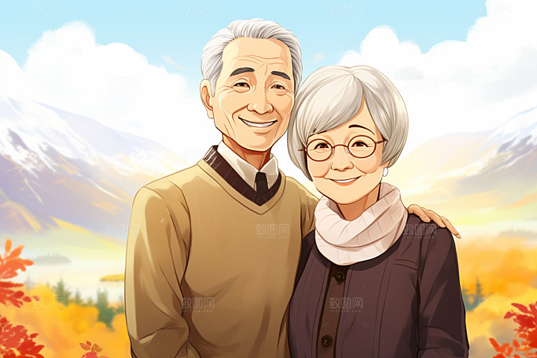 敬老宣传老年人夕阳红插画