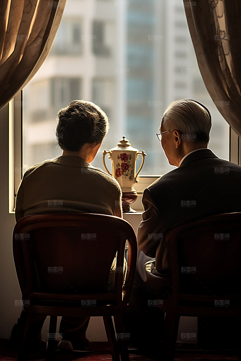 老人背影夫妻与子偕老摄影图