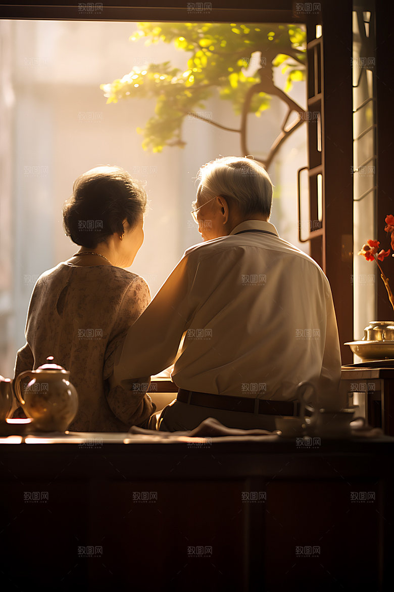 老人背影温馨亲情摄影图