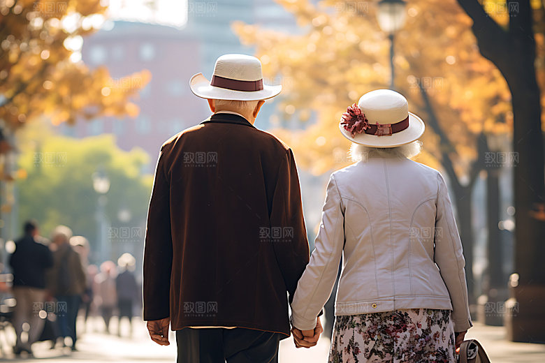 老人背影与子偕老父母爱情摄影图