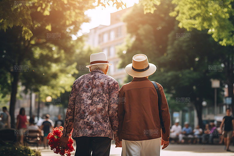 老人背影夕阳红与子偕老摄影图