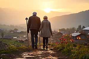 老人背影父母爱情夕阳红摄影图