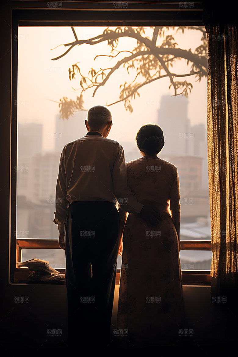 老人背影夕阳红与子偕老摄影图